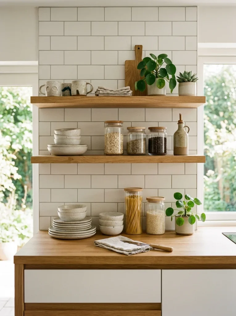 Elegant kitchen with white upper cabinets providing hidden storage and a clean appearance.