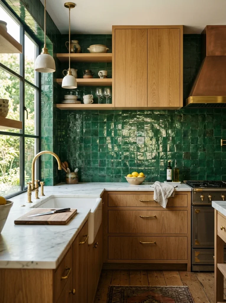 Green handmade glazed backsplash tiles adding texture and depth to a modern kitchen.