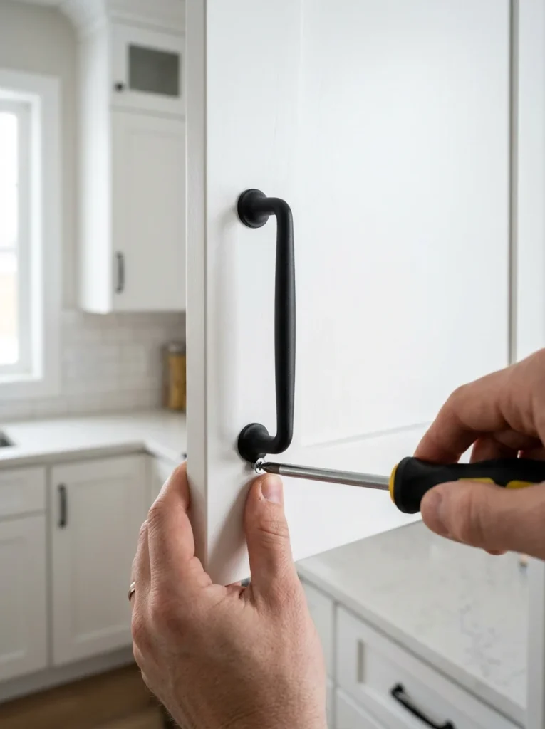 Installing new cabinet handles for an affordable kitchen upgrade.