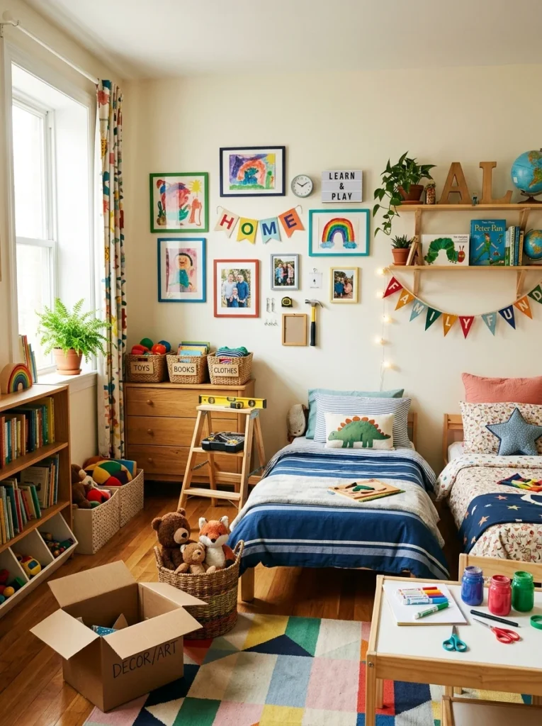 Parents and children decorating a shared bedroom together.