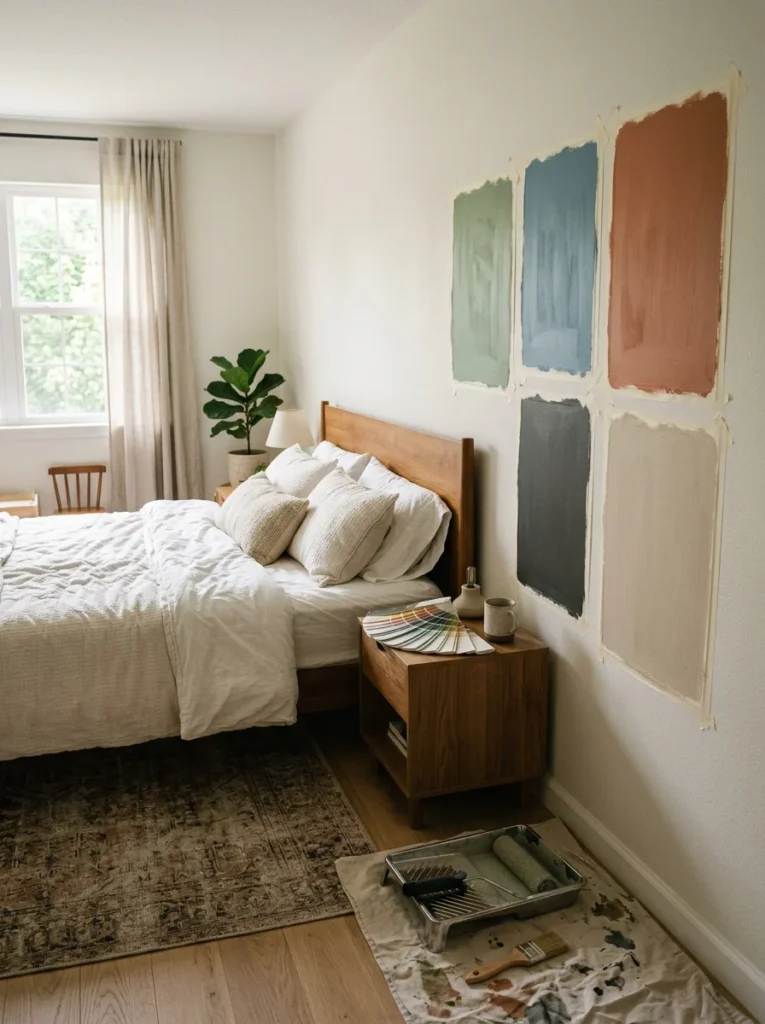 Bedroom wall with large paint sample patches before repainting.