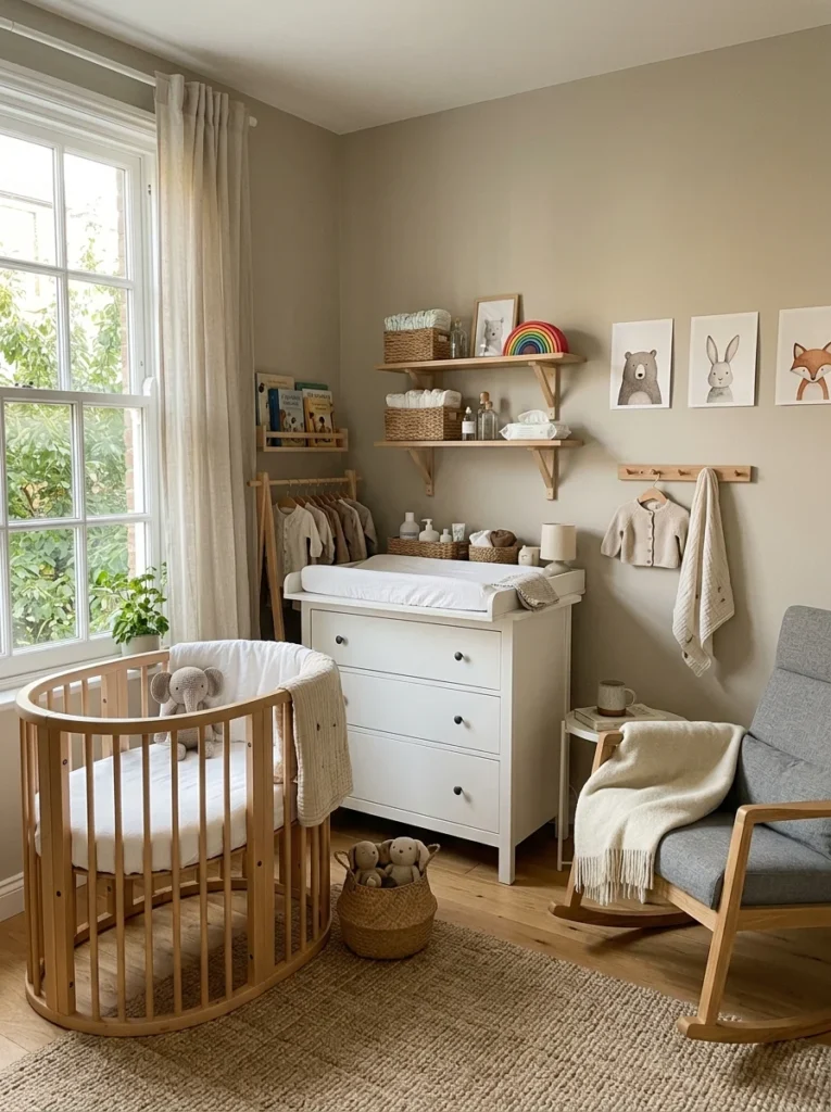 Nursery featuring rented bassinet and practical baby essentials for short-term use.