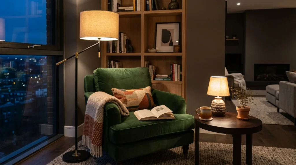 Cozy reading corner with a floor lamp providing focused task lighting in a living room.