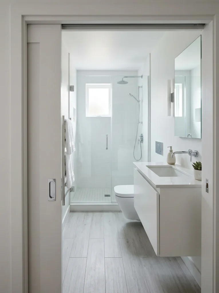 Small bathroom using a sliding pocket door to maximize usable floor space.