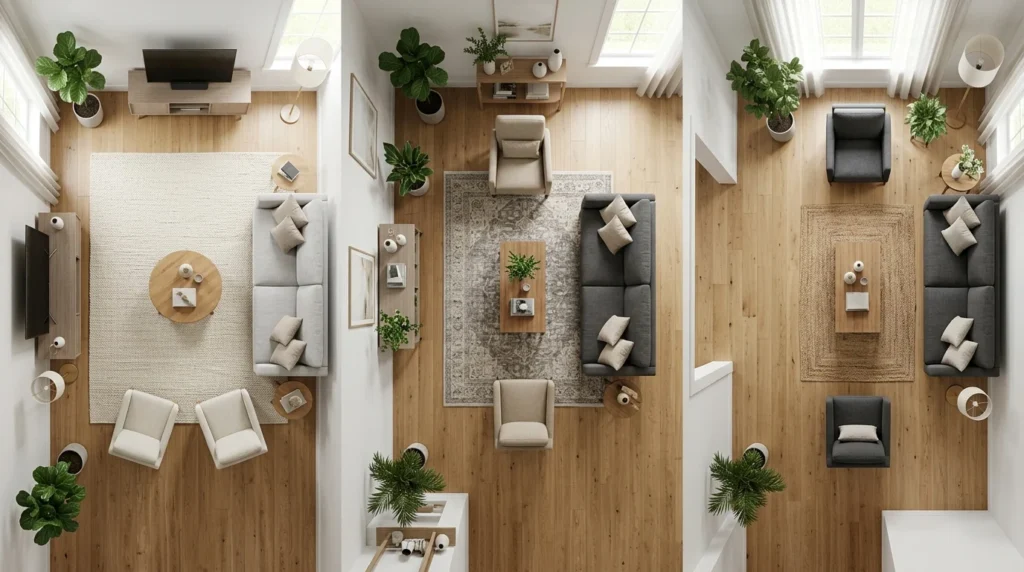 Three common ways to position furniture on a living room rug.