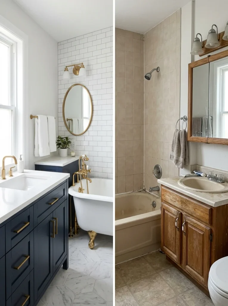 Refinished vanity and bathtub compared with items ready for replacement.