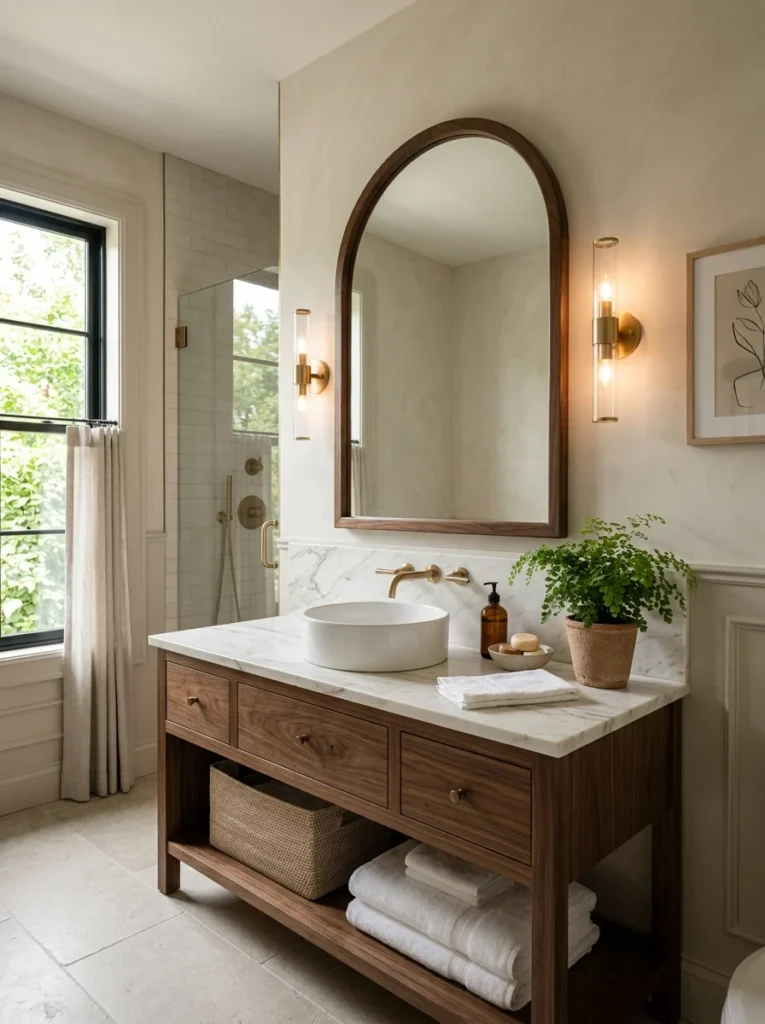 Guest bathroom featuring an elegant arched mirror above a modern vanity.