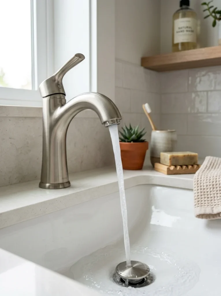 WaterSense-certified faucet with aerator installed on a modern bathroom sink.