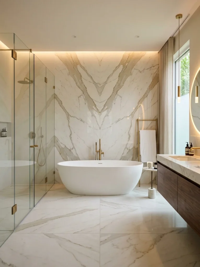 Bathroom featuring book-matched marble slab walls and seamless large-format porcelain tile.