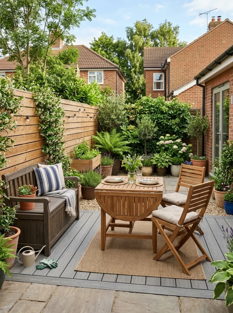 Foldable chairs and storage bench in a compact backyard.
