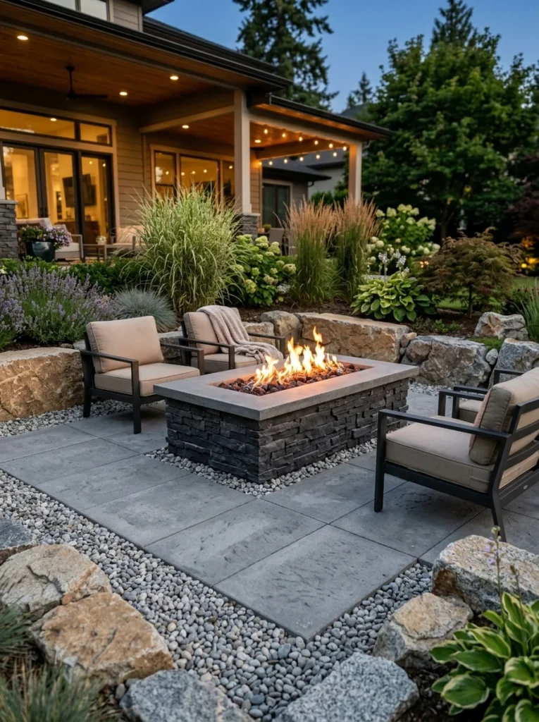 Fire pit installed on stone pavers and gravel base