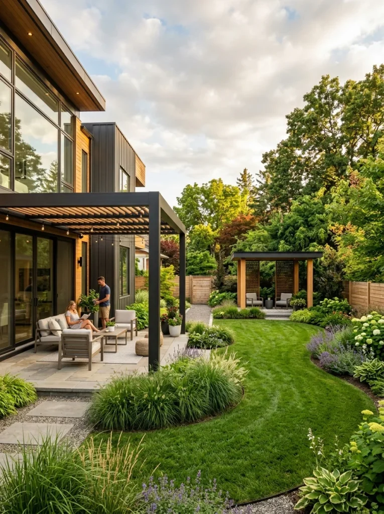 Backyard showing an attached pergola and a separate gazebo in the garden.