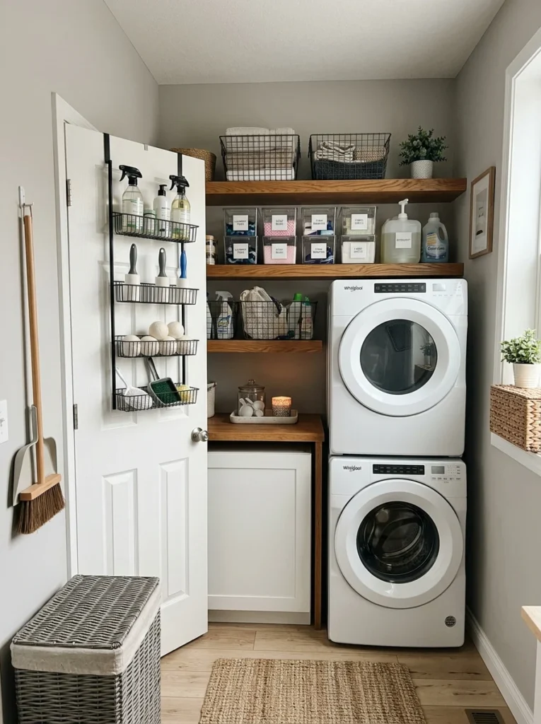 Affordable laundry room storage with floating shelves and labeled bins.