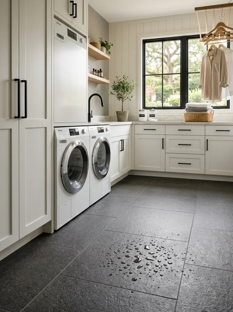 Textured porcelain tile flooring in a stylish laundry room.