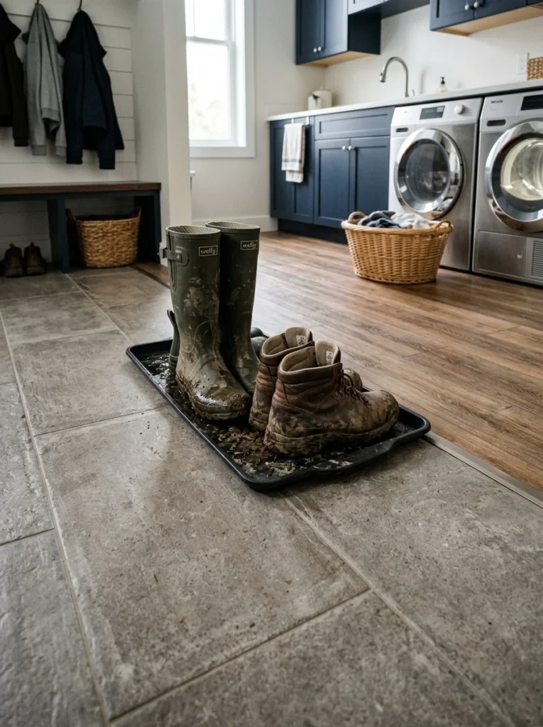 Waterproof porcelain tile flooring suitable for muddy boots and laundry room moisture.