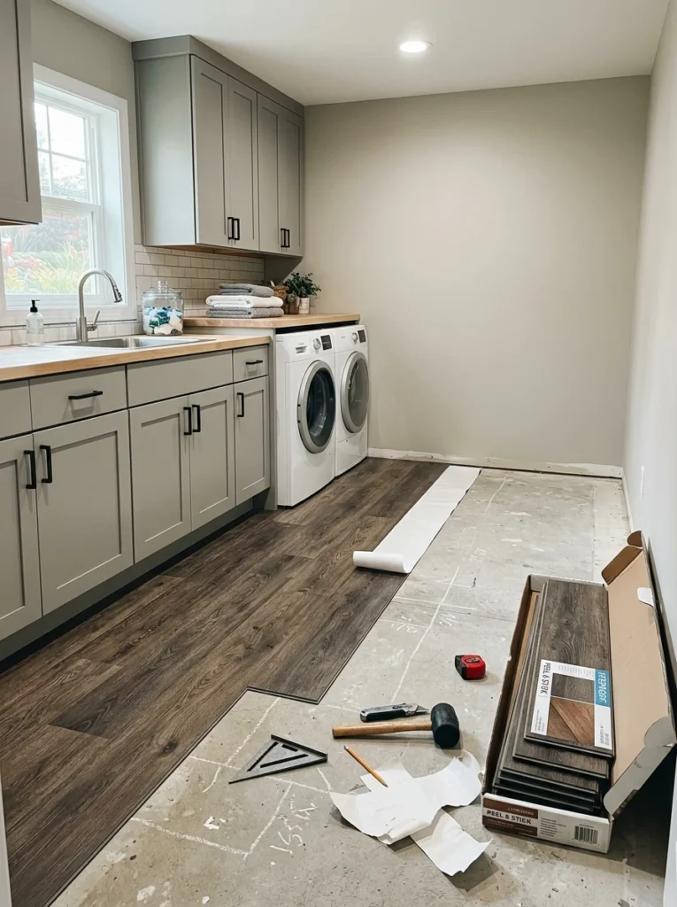 Peel-and-stick vinyl flooring installed in a laundry room.