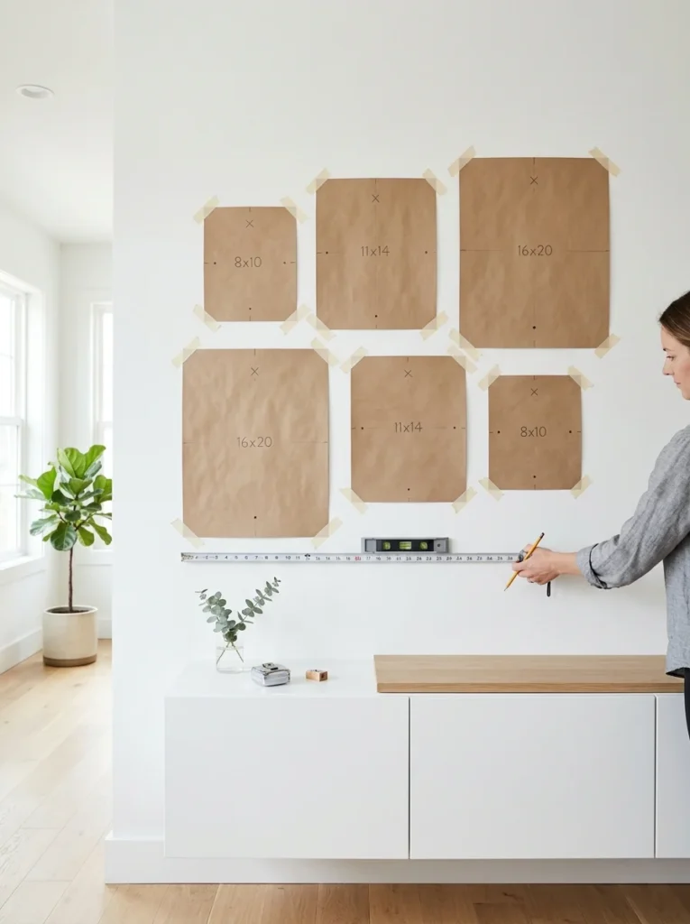 Paper templates taped to the wall for gallery wall planning.