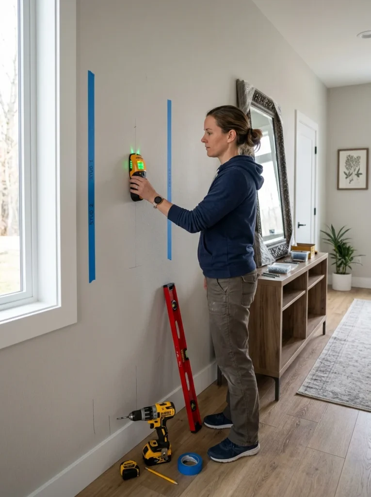 Using a stud finder to locate wall studs before installing a heavy mirror.