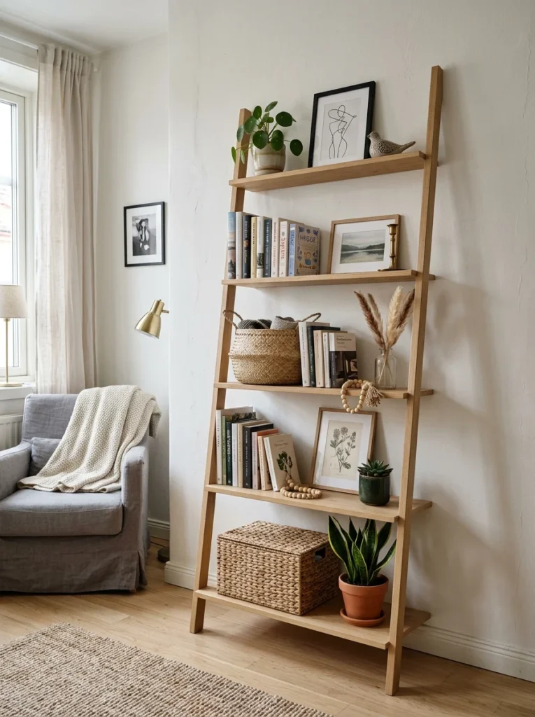 Wooden leaning ladder shelf used for stylish renter-friendly wall decor.