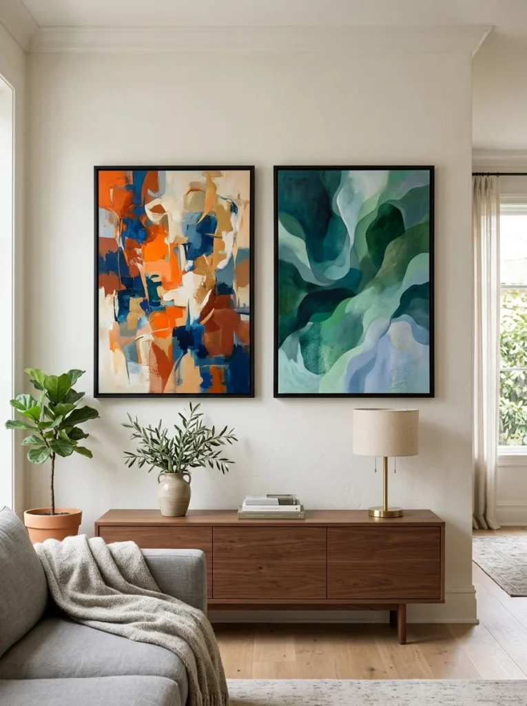 Framed abstract artwork demonstrating complementary and analogous color combinations in a stylish living room.