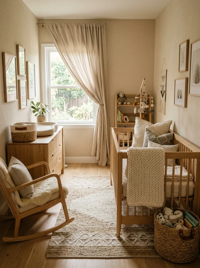 Cozy nursery decorated with woven baskets, textured rugs, chunky knit blankets, and neutral fabrics.