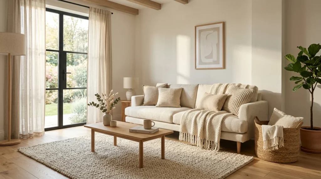 Linen, wool, and jute textures in a warm minimalist living room.