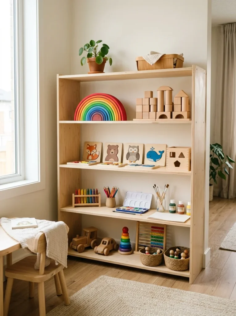 Wooden Montessori toys encouraging creativity and imaginative play.
