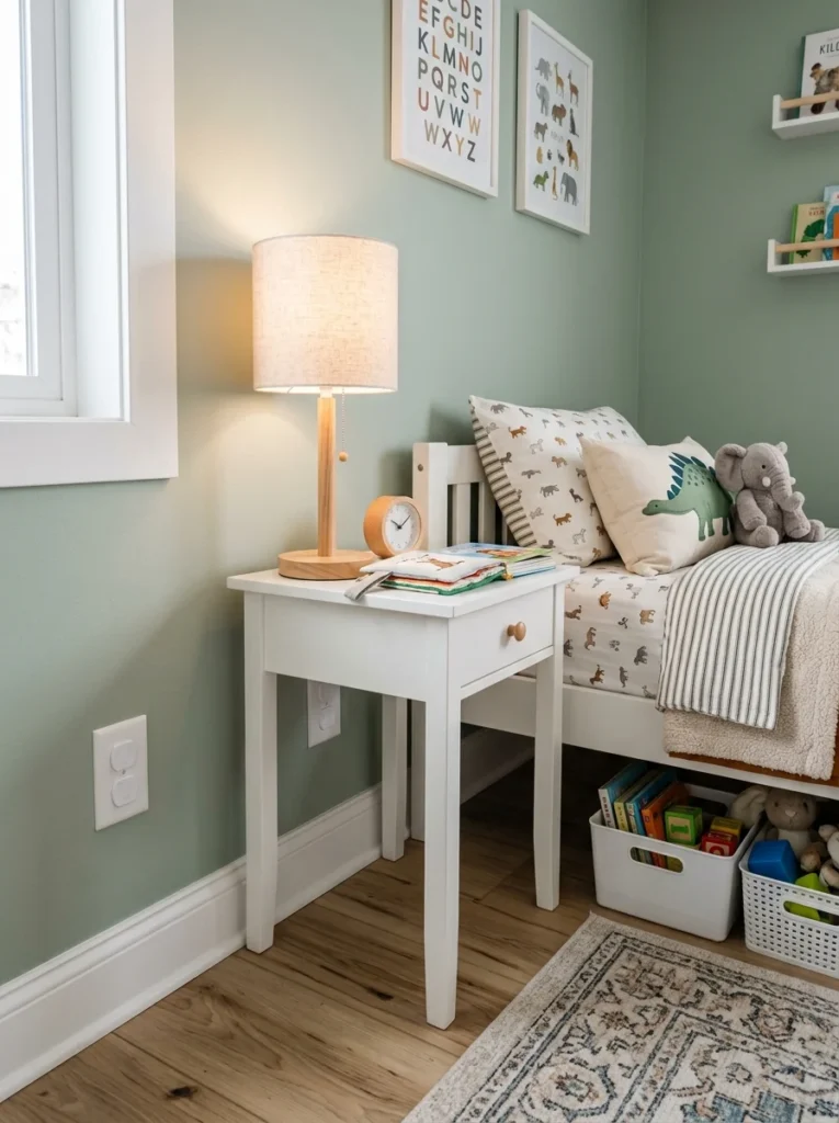 Childproof electrical outlets with safety covers and hidden cords.