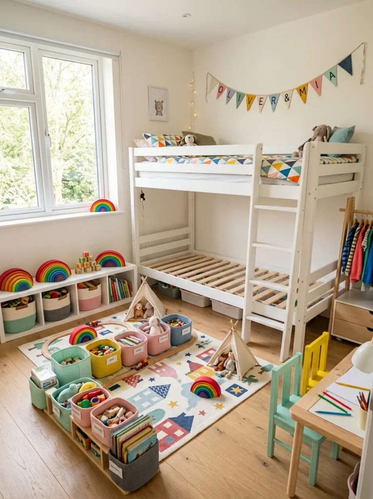 Modern bunk beds creating extra play space in a shared sibling bedroom.