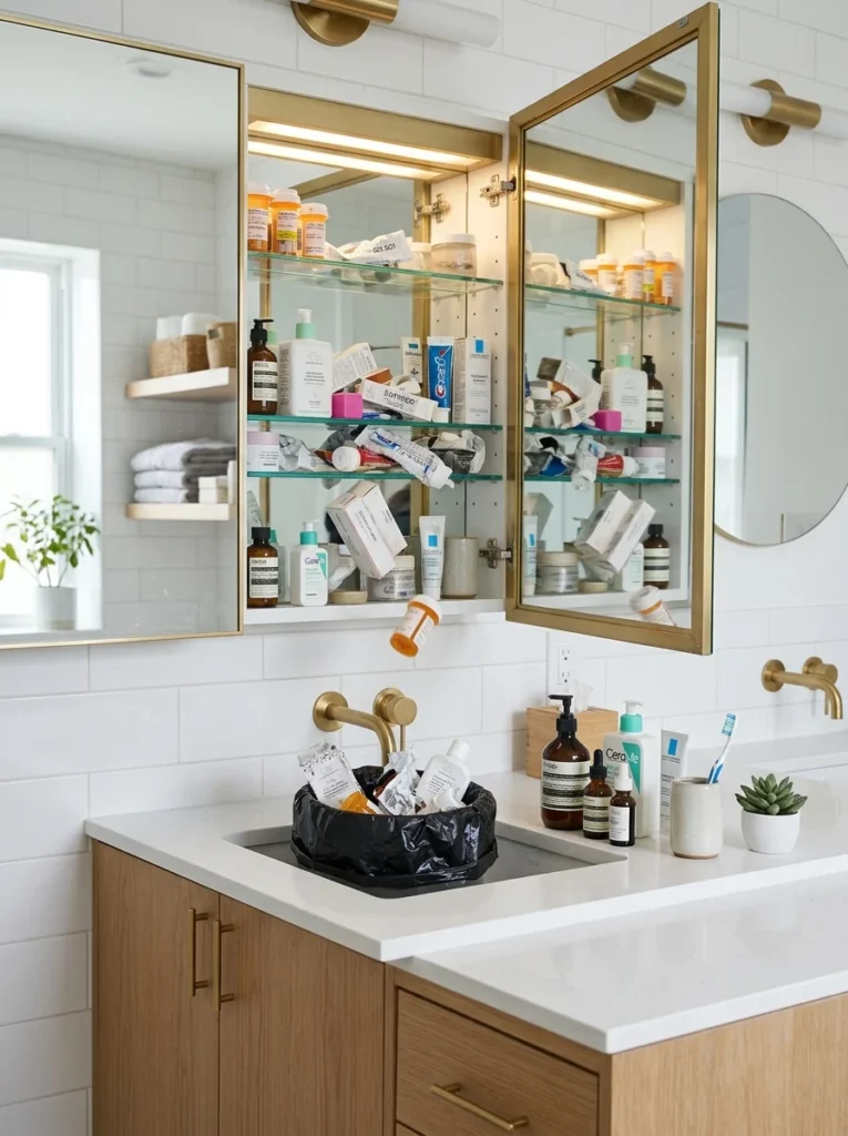 Removing expired toiletries and organizing bathroom storage.