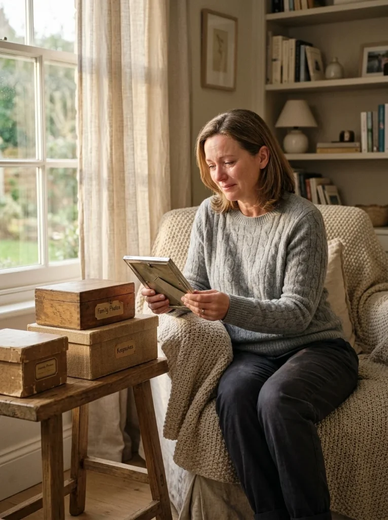 Woman reflecting on cherished memories while sorting sentimental belongings.