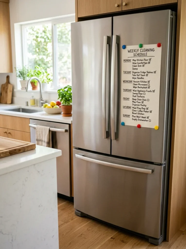 Weekly cleaning schedule displayed on a kitchen refrigerator.