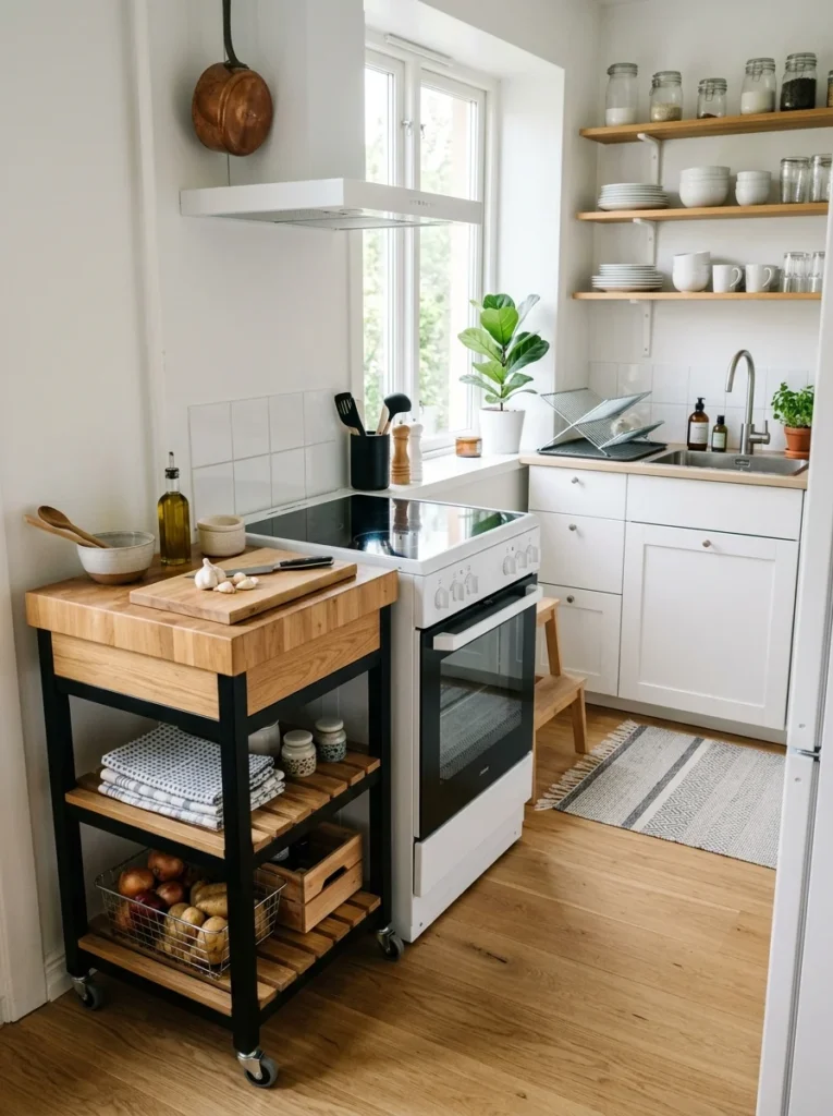 Slim rolling kitchen cart providing extra prep space and storage in a compact kitchen.