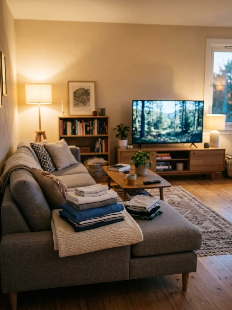 Folding laundry while enjoying television in a comfortable living room.