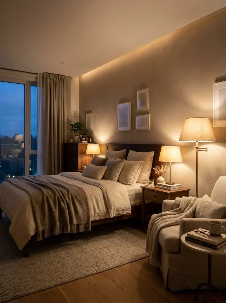 Bedroom using bedside lamps and warm lighting for a cozy evening atmosphere.