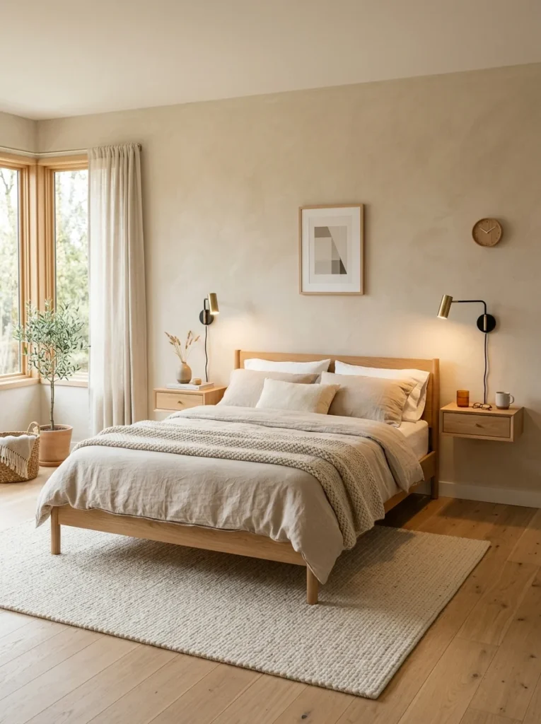 Wall-mounted floating nightstand creating more floor space in a small bedroom.