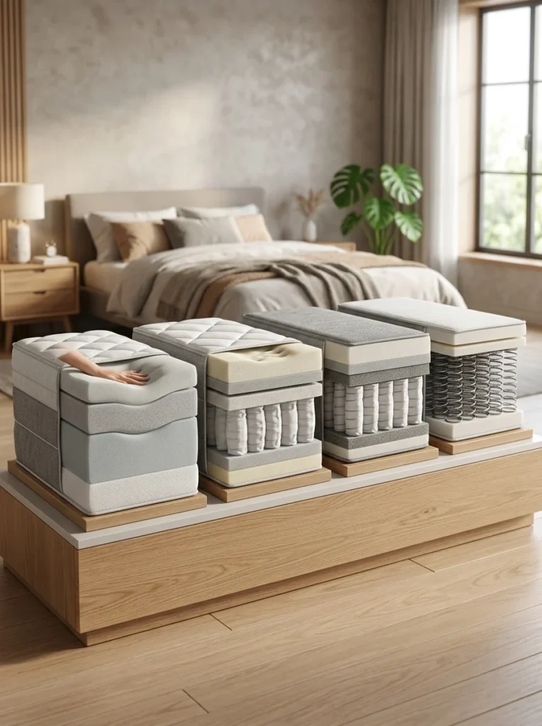 Different mattress firmness levels from soft to extra firm shown for better sleep comfort.