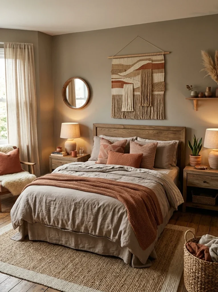 Warm greige bedroom with cozy neutral decor and relaxing atmosphere.