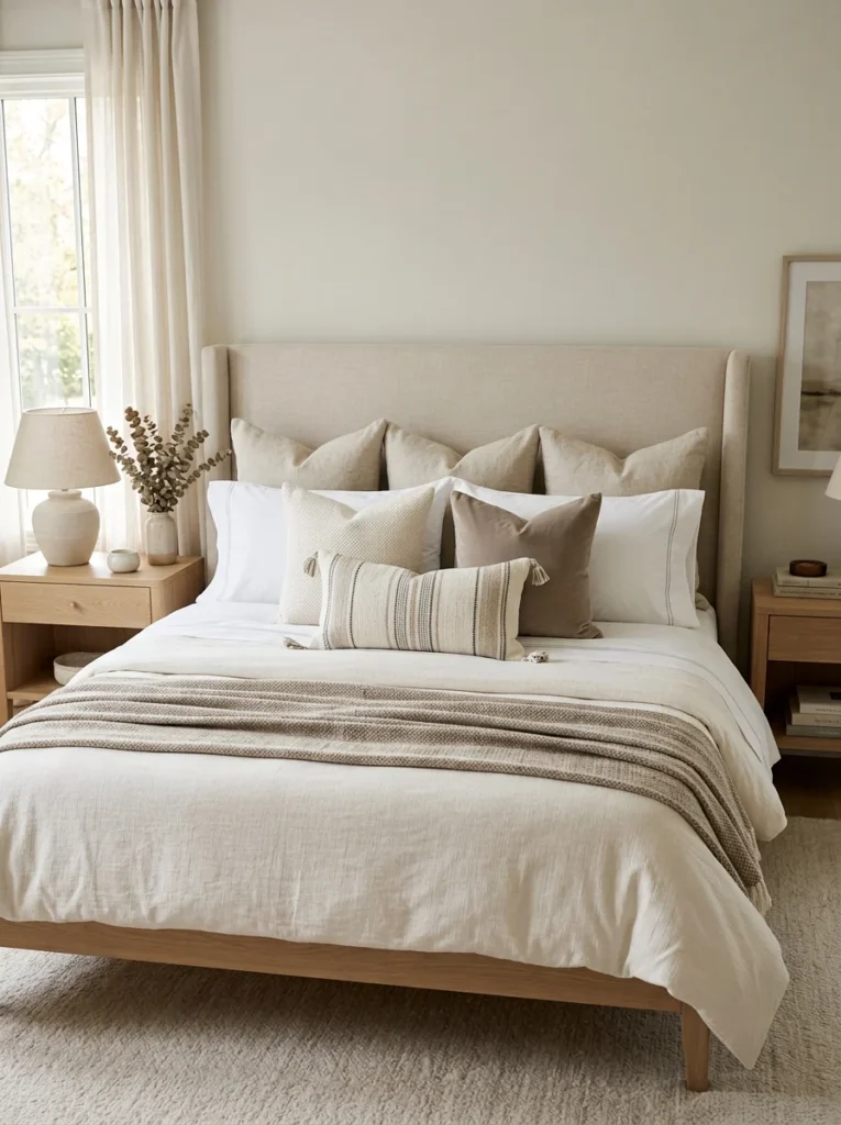 Layered bed showing sleeping pillows, euro shams, decorative pillows, and lumbar pillow.
