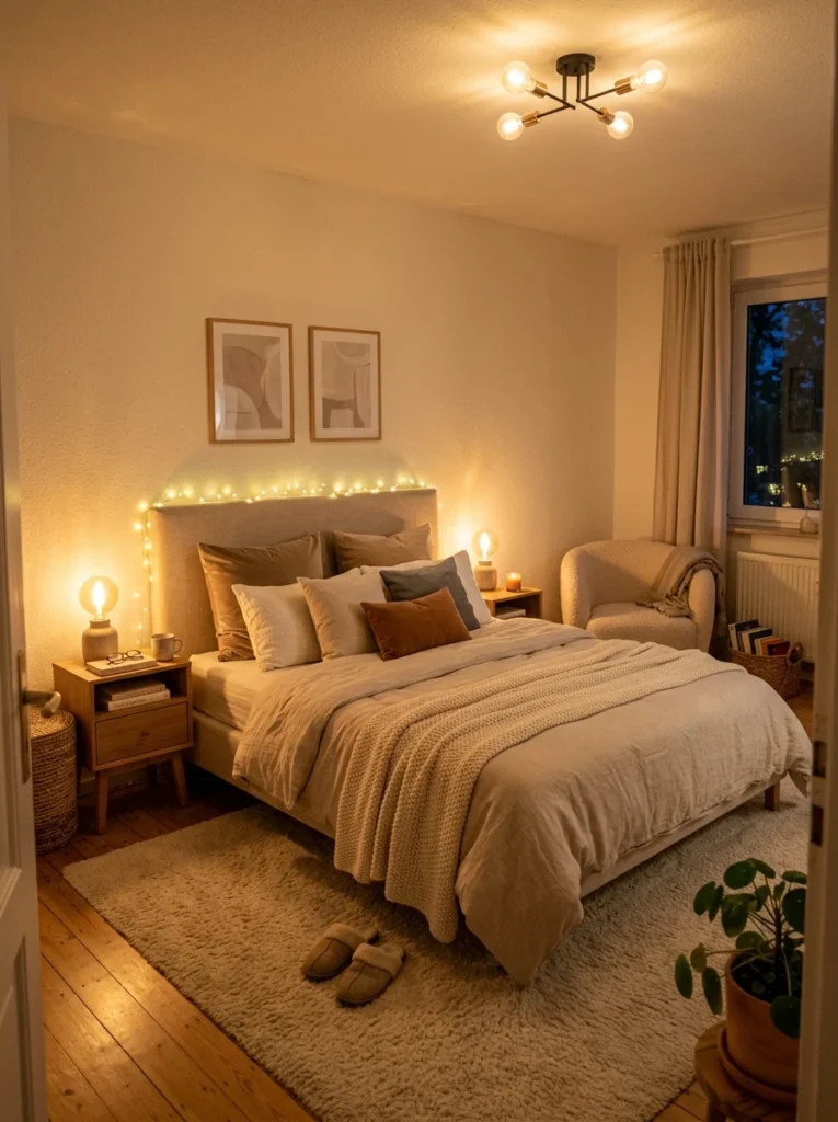 Warm-toned bedroom lighting creating a calm and inviting evening atmosphere.