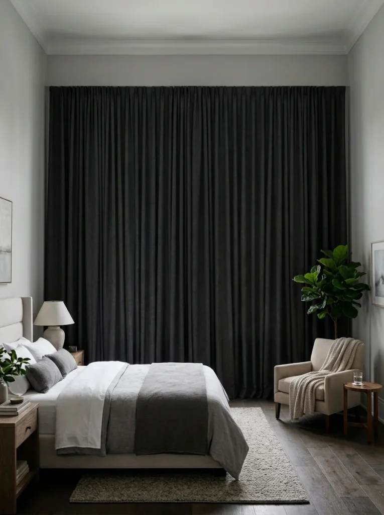 Extra-wide blackout curtains covering the entire window without side gaps.