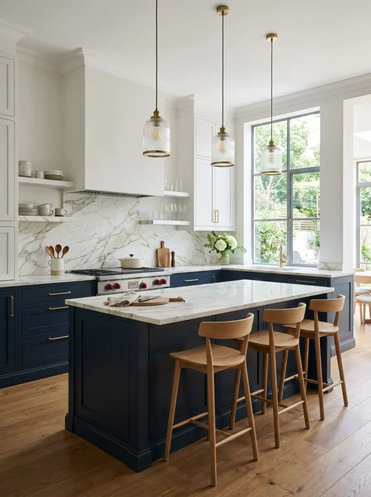 Elegant navy blue kitchen featuring white cabinets and brass cabinet handles.