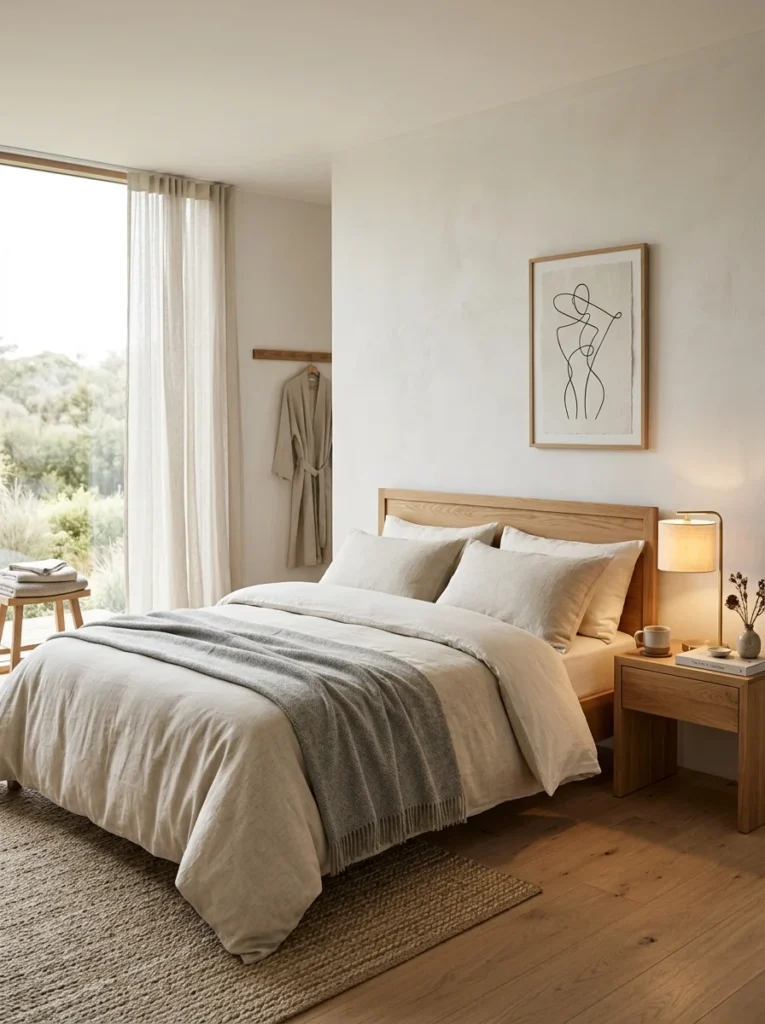 Elegant minimalist bedroom with premium wood furniture, luxury bedding, and carefully chosen decor.