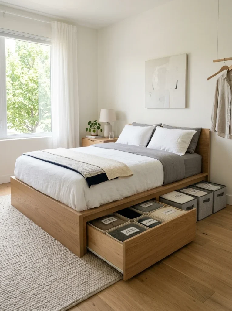 Platform bed with built-in storage drawers maximizing unused space beneath the bed.