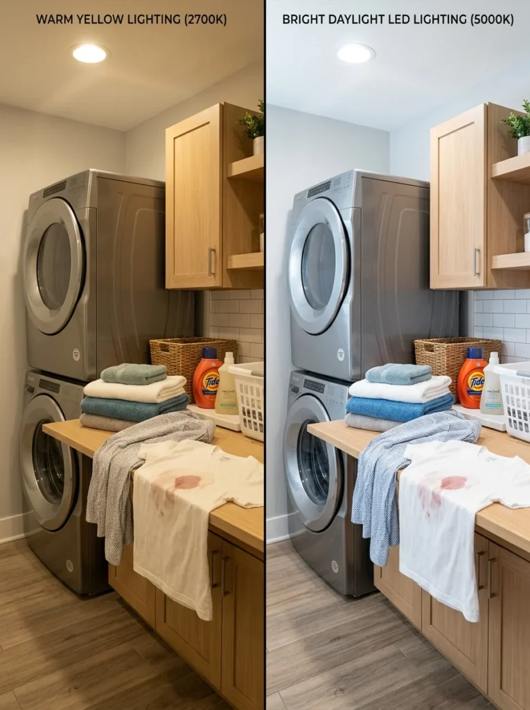 Comparison of warm and daylight LED lighting showing improved stain detection and fabric color accuracy.