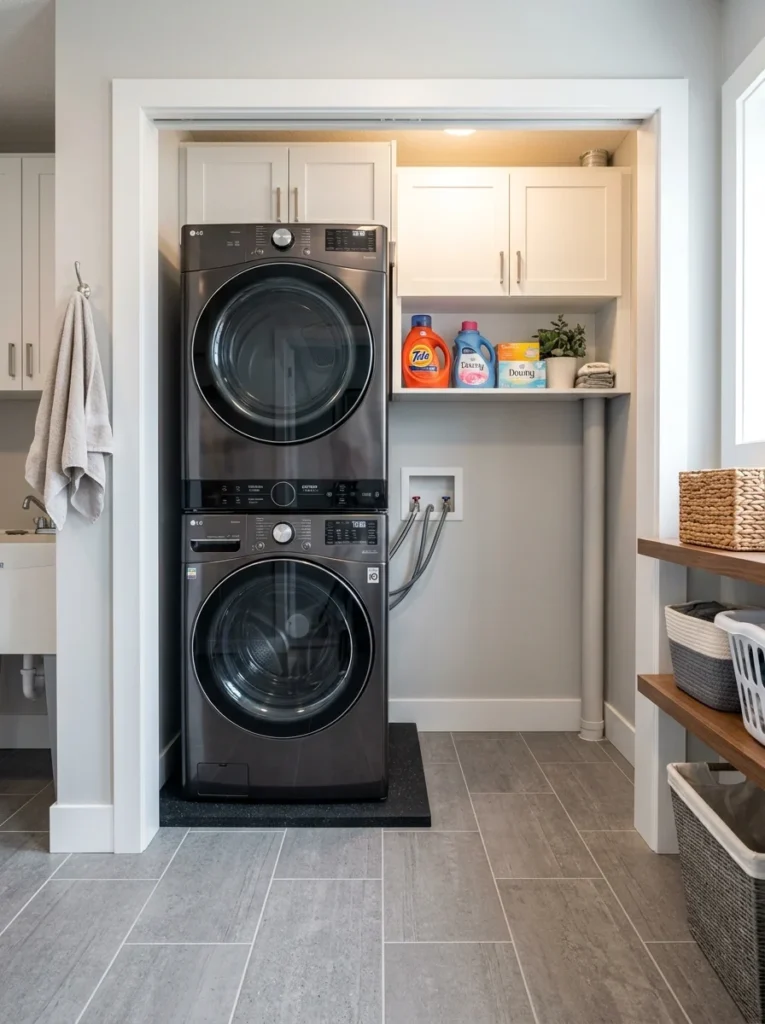 Washer and dryer sitting on a full anti-vibration mat to reduce floor vibrations.