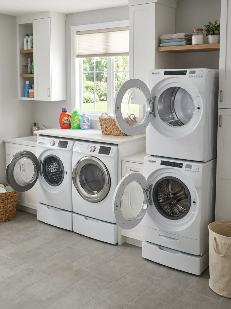 Washer and dryer configurations showing different loading heights.