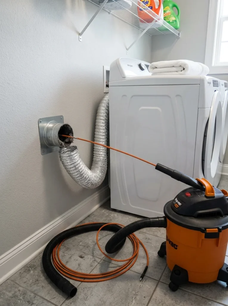 Cleaning accumulated lint from a dryer vent to improve airflow.
