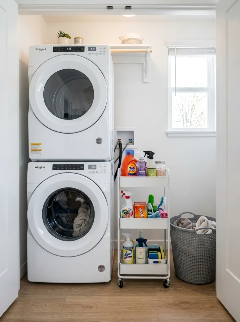 Slim rolling cart beside washer and dryer for extra laundry storage.