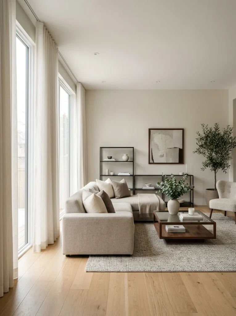 Curtains hanging just above the floor for a clean tailored appearance.